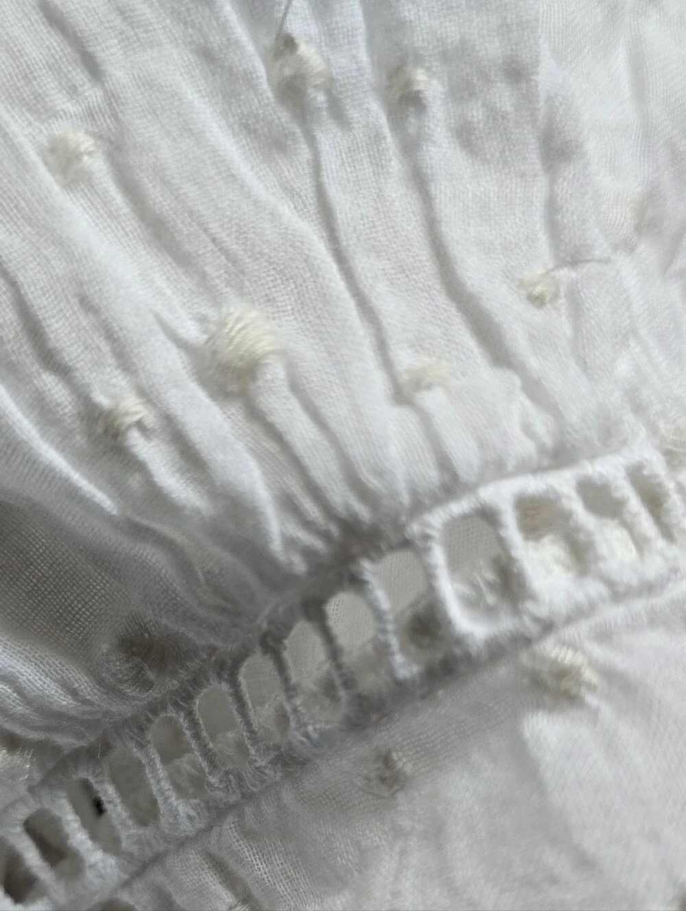 Free People White Top 100% Cotton Popover Swiss Dot Lace Ruffle Embroidered Larg